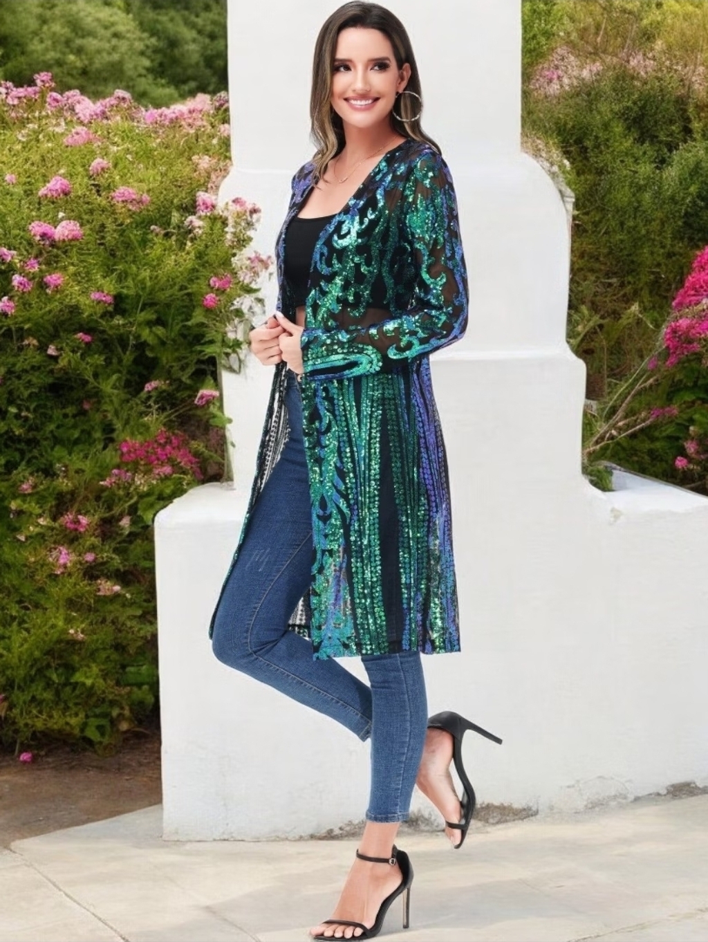 Nwt Boutique Teal Sequin Mesh Longsleeve Mermaid Kimono Duster Size Xl